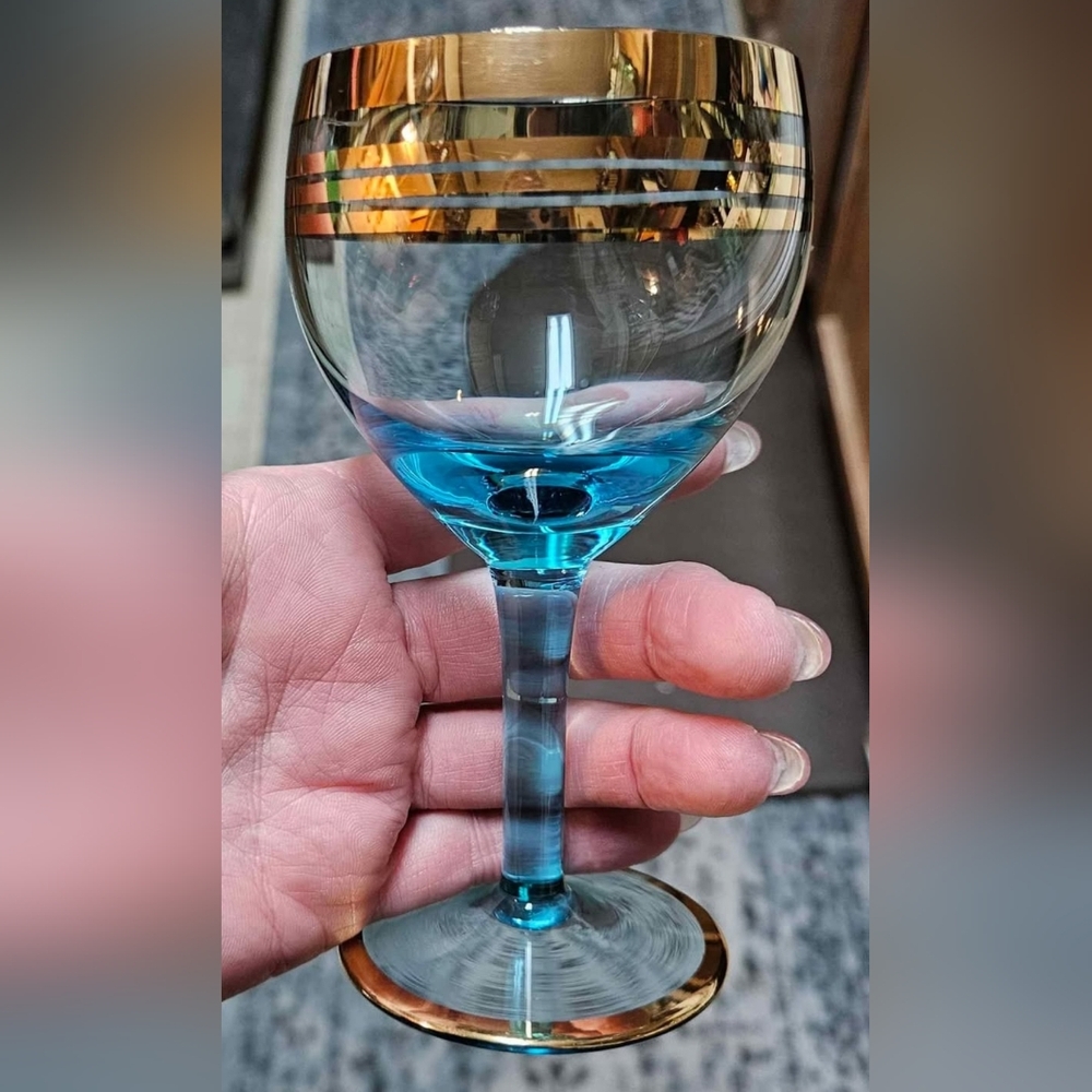 One Mid-Century hand-blown wine glass, Made in Hungary Agua Blue & Gold Accents